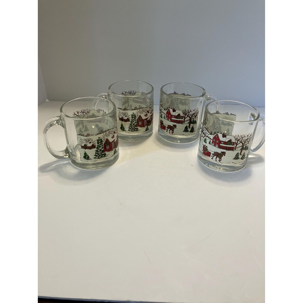 Vintage Libbey Currier & Ives Winter Village Mugs  4 -1970s Christmas Glass Cups